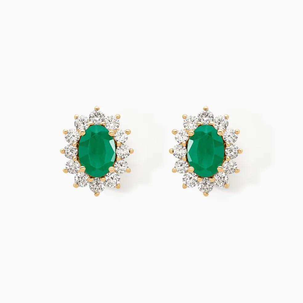Boucles D'oreilles Or Jaune Emeraude Diamants