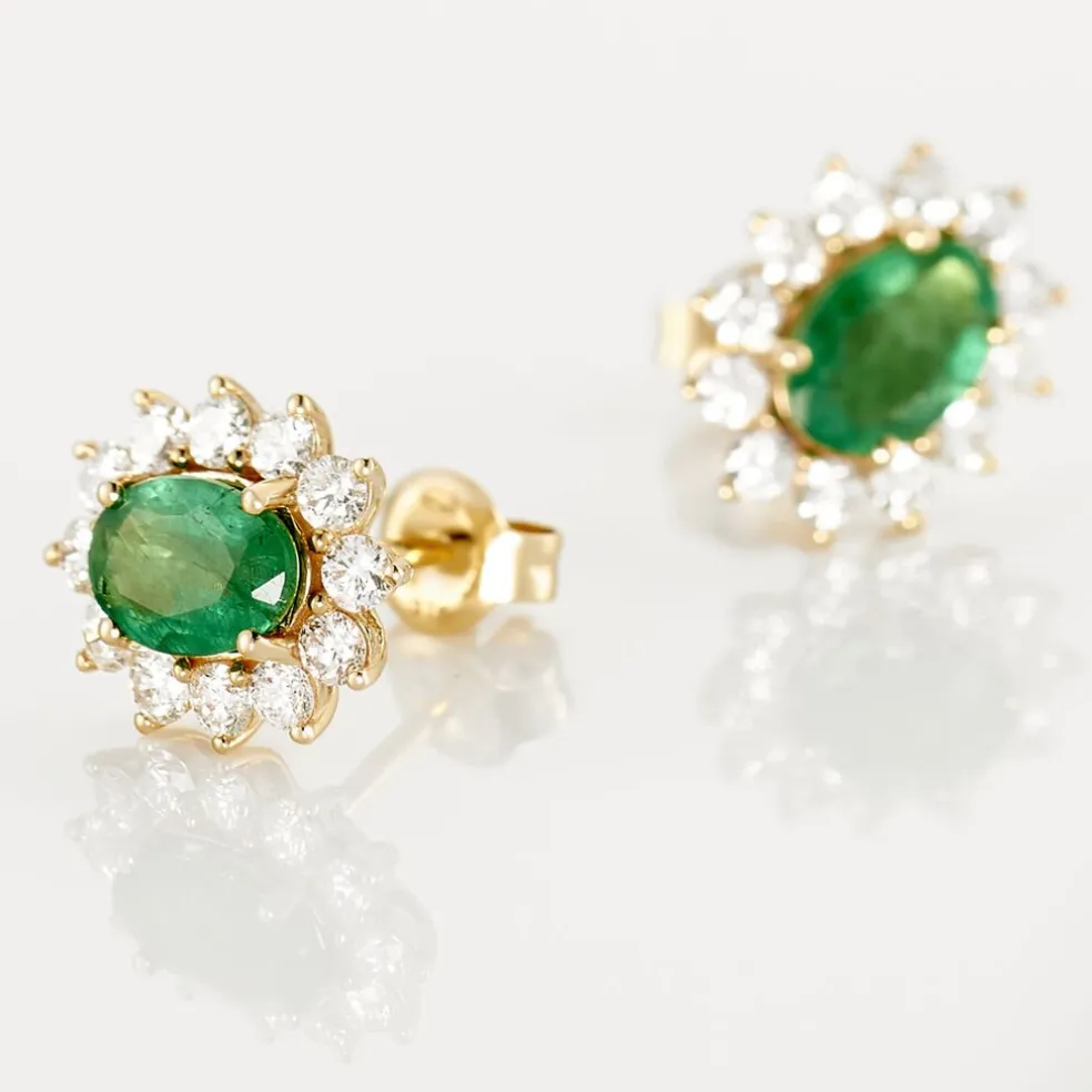 Boucles D'oreilles Or Jaune Emeraude Diamants