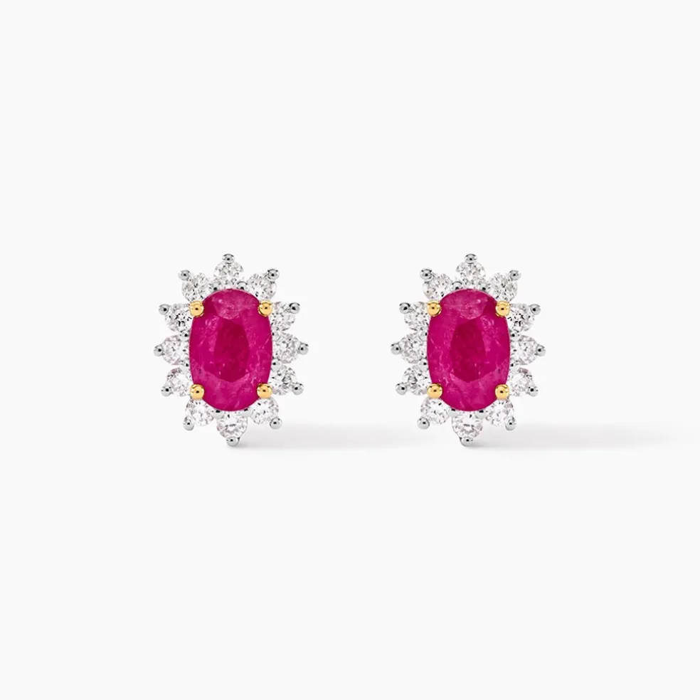 Boucles D'oreilles Or Jaune Rubis Diamants