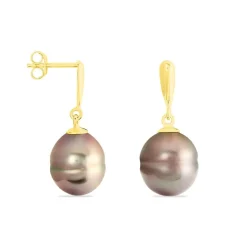 Boucles D'oreilles Pendantes Semi-baroque Or Jaune Perle De Tahiti