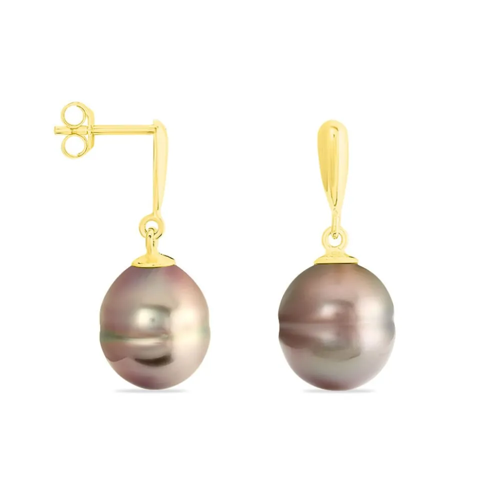Boucles D'oreilles Pendantes Semi-baroque Or Jaune Perle De Tahiti