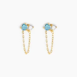 Boucles D'oreilles Pendantes Beauté Bleutée Or Jaune Topaze Et Oxyde