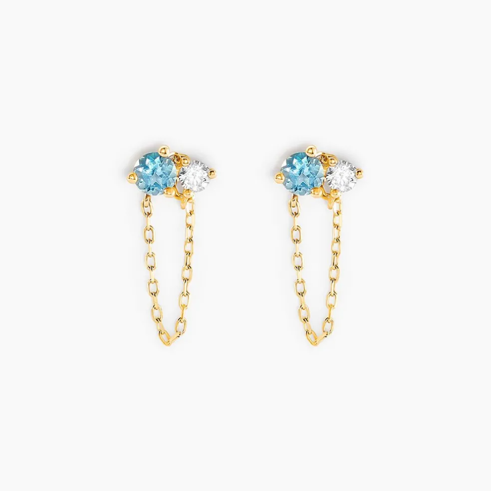 Boucles D'oreilles Pendantes Beauté Bleutée Or Jaune Topaze Et Oxyde