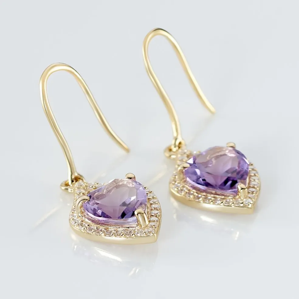 Boucles D'oreilles Pendantes Rosaline Or Jaune Amethyste Et Oxyde