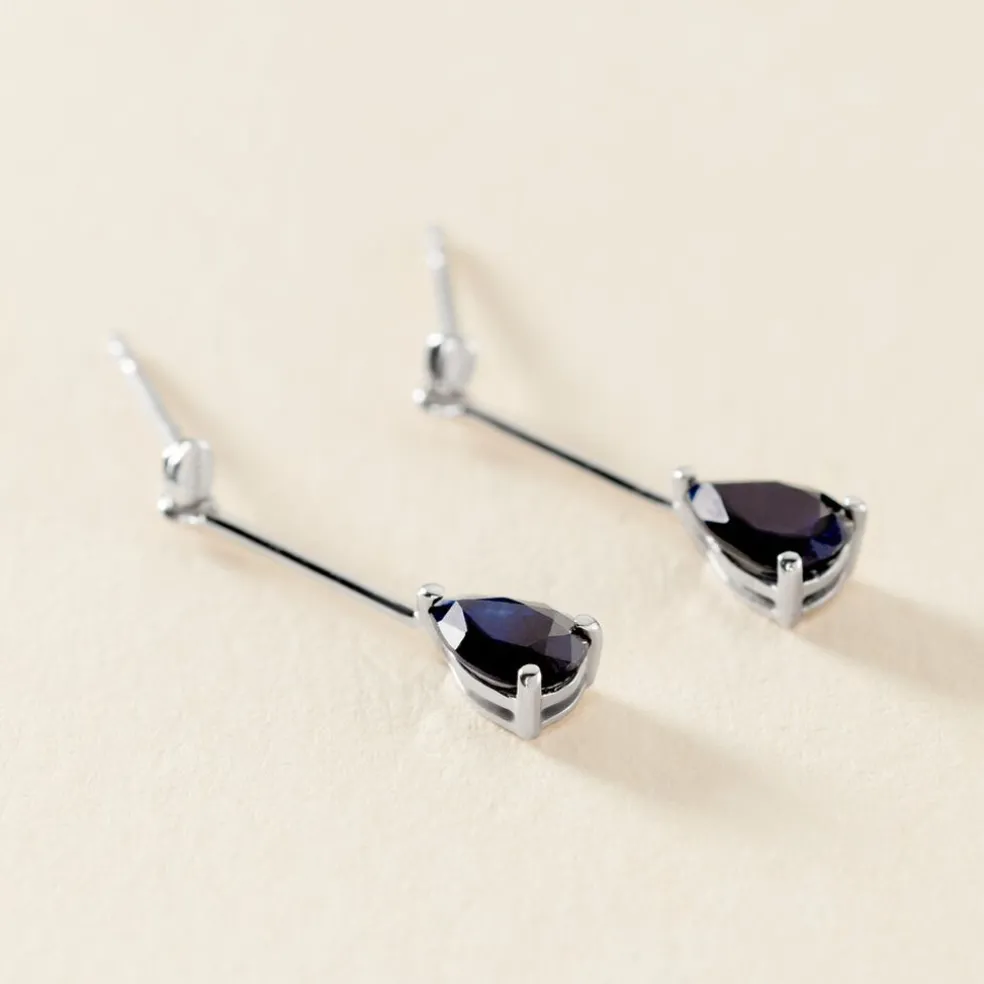 Boucles D'oreilles Pendantes Or Blanc Goutte Saphir