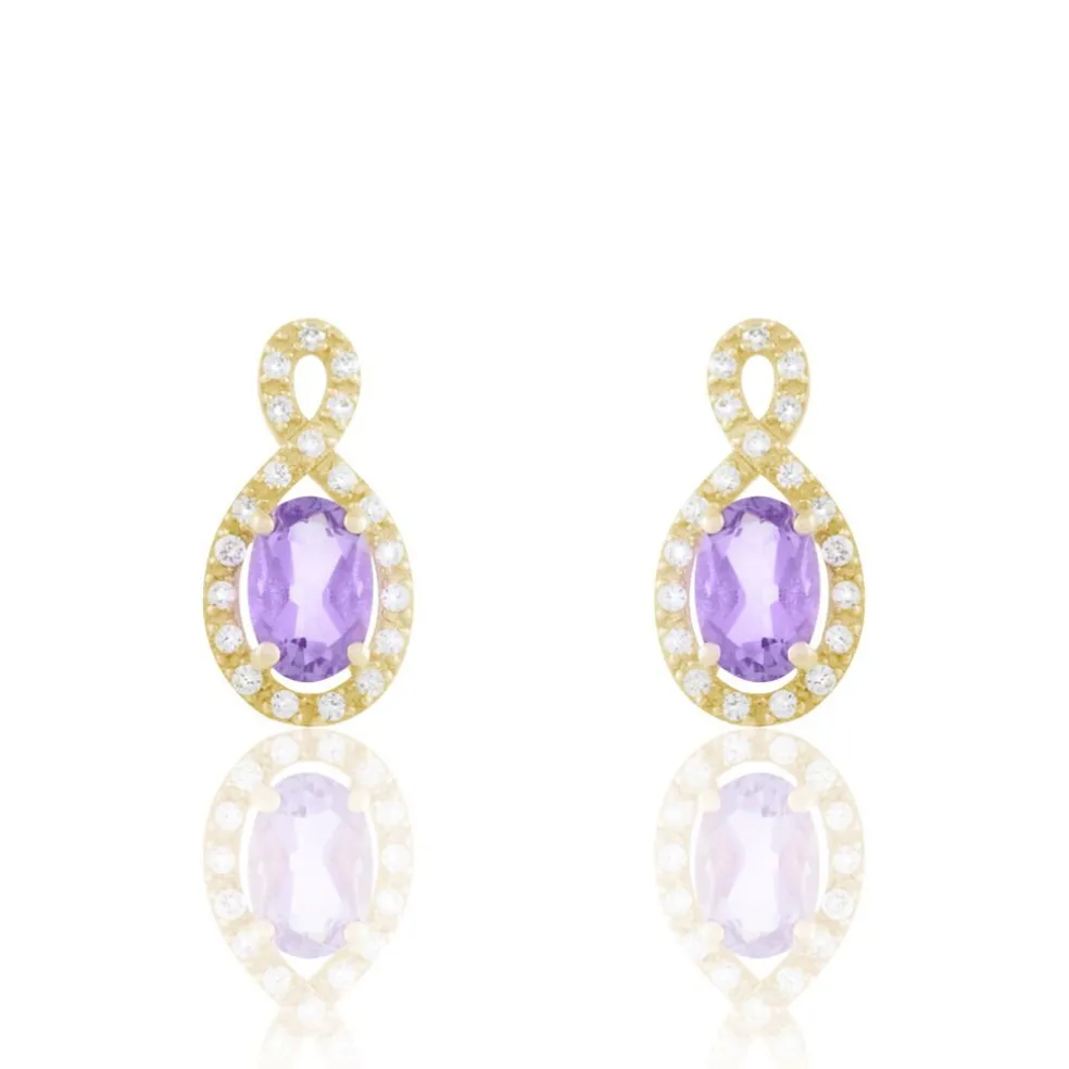 Boucles D'oreilles Pendantes Passion Or Jaune Amethyste Et Oxyde