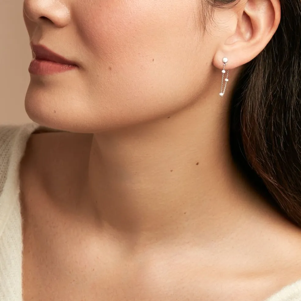 Boucles D'oreilles Pendantes Polka Argent Blanc