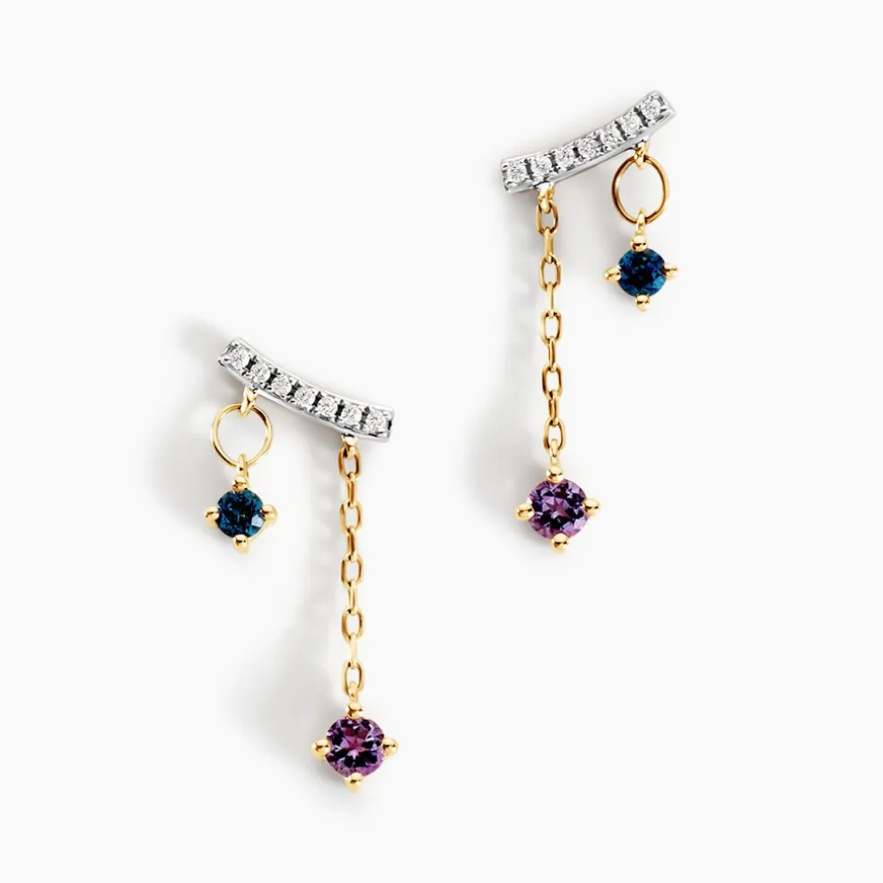 Boucles D'oreilles Pendantes Universe Or Jaune Améthyste Topaze Oxyde