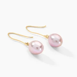 Boucles D'oreilles Pendantes Rose Or Jaune Perle De Culture