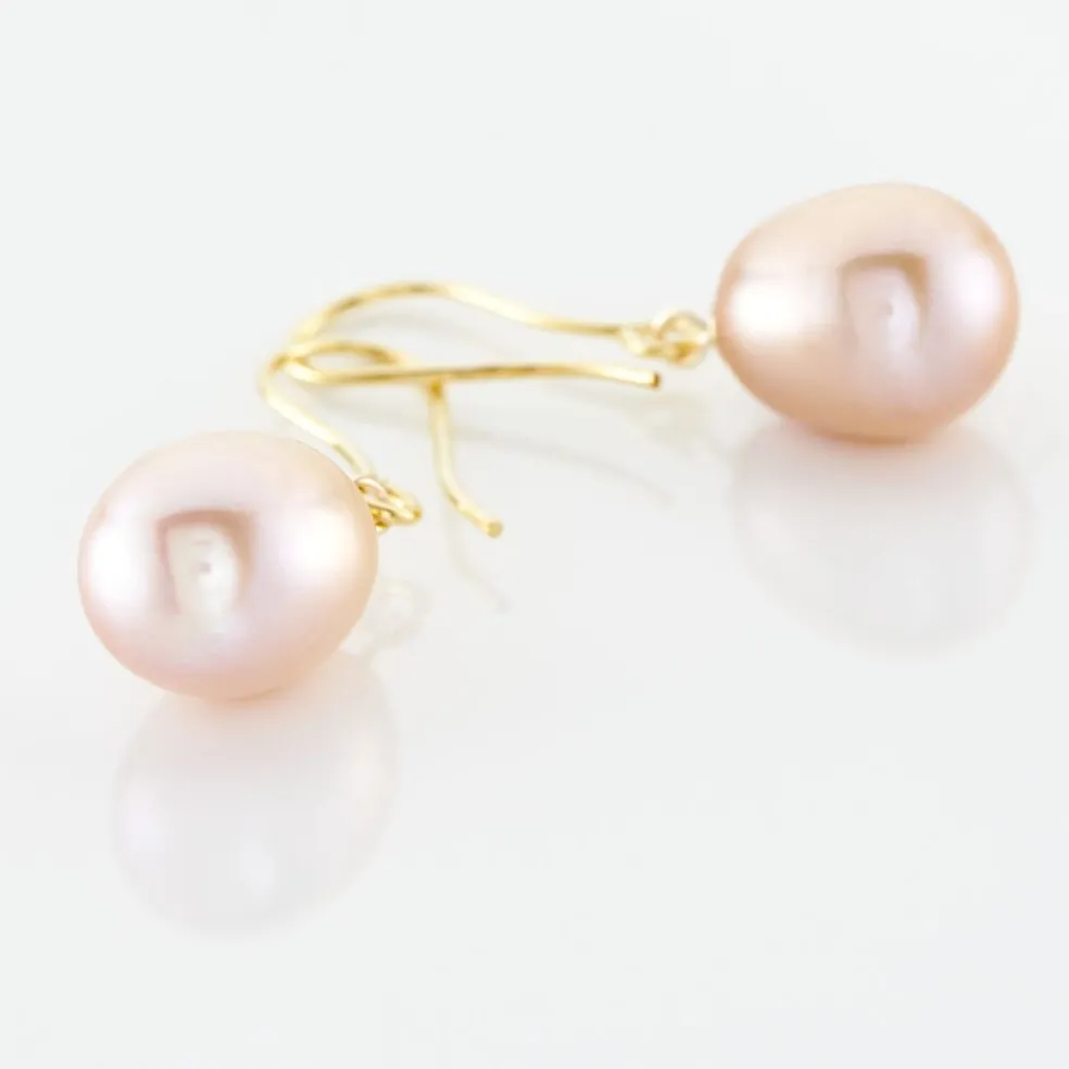 Boucles D'oreilles Pendantes Rose Or Jaune Perle De Culture