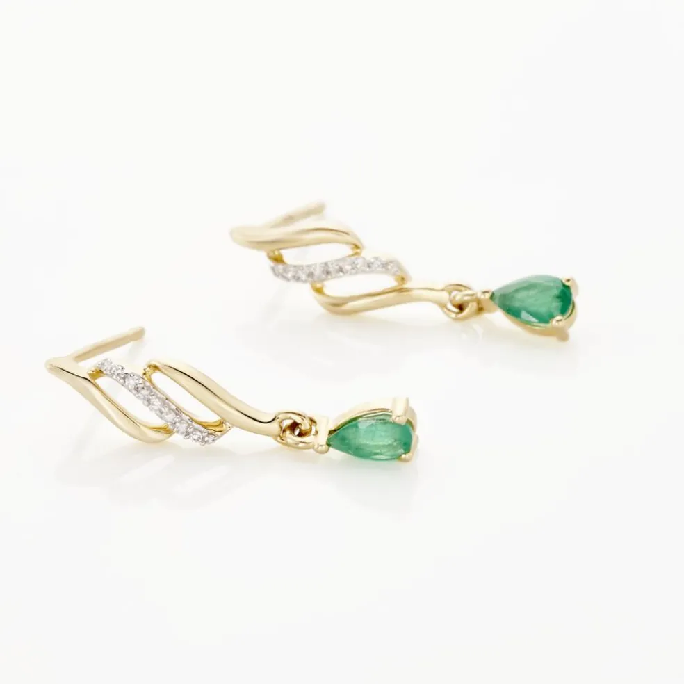 Boucles D'oreilles Pendantes Or Jaune Patrocle Emeraude Et Diamants