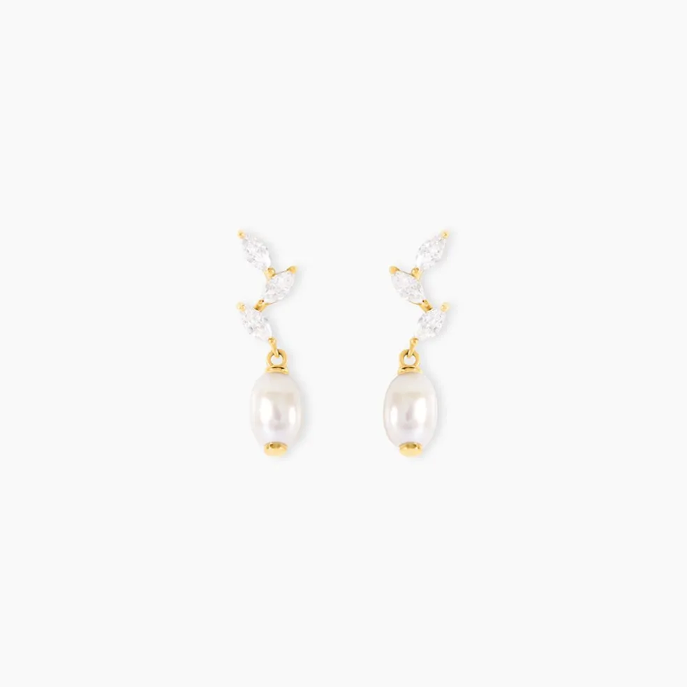 Boucles D'Oreilles Pendantes Nacrée Or Jaune Perle De Culture Oxyde De Zirconium