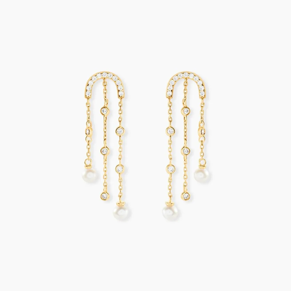 Boucles D'Oreilles Pendantes Nacrée Or Jaune Perle De Culture Oxyde De Zirconium