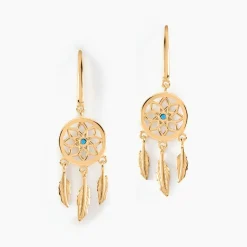 Boucles D'oreilles Plaqué Or Jaune Attrape Rêves Turquoises
