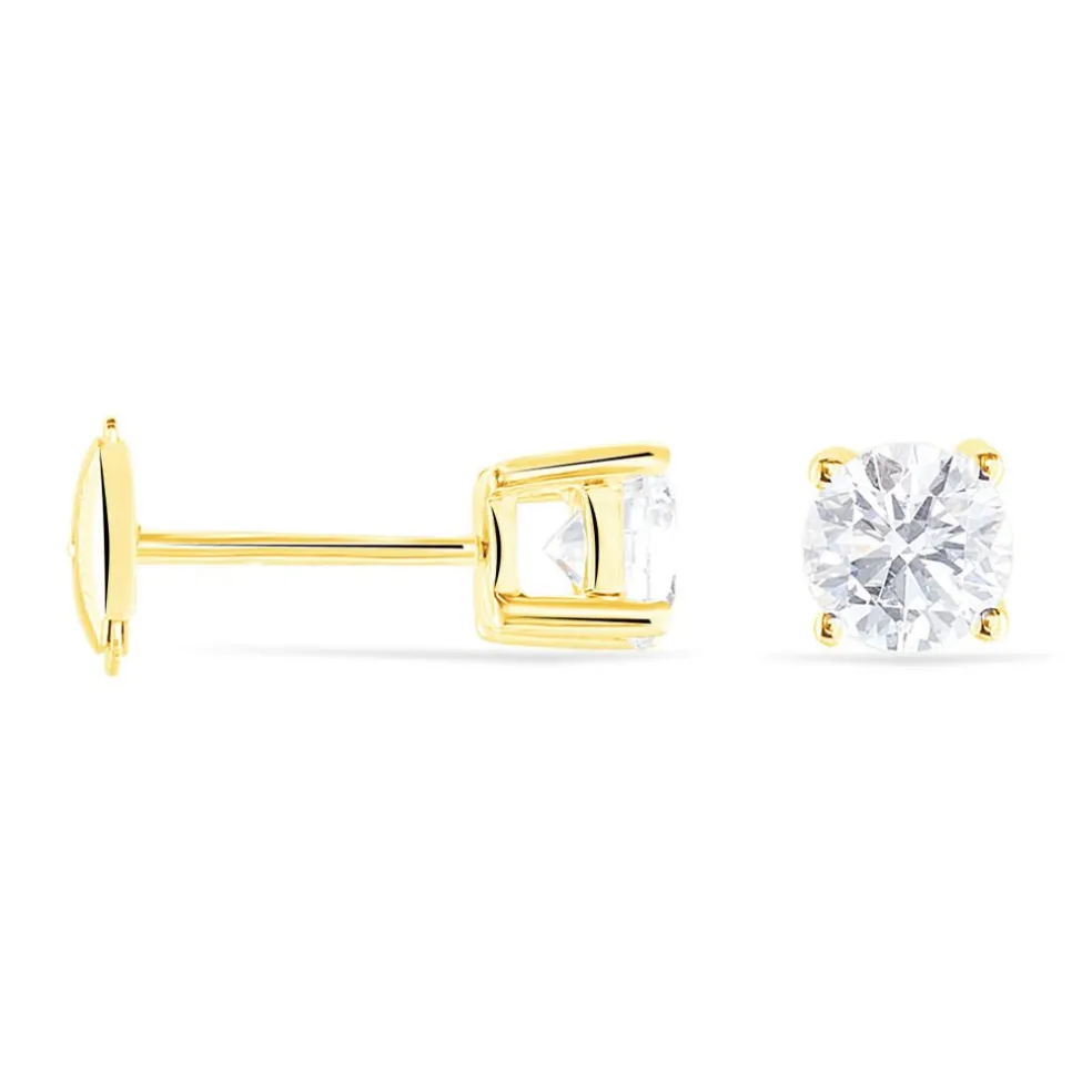 Boucles D'oreilles Puces 4 Griffes Or Jaune Diamant Synthetique