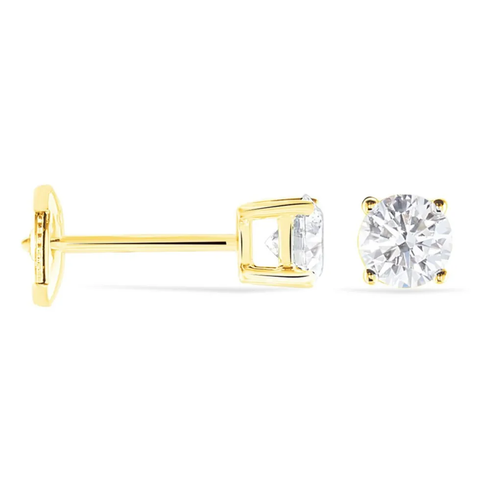 Boucles D'oreilles Puces 4 Griffes Or Jaune Diamant Synthetique