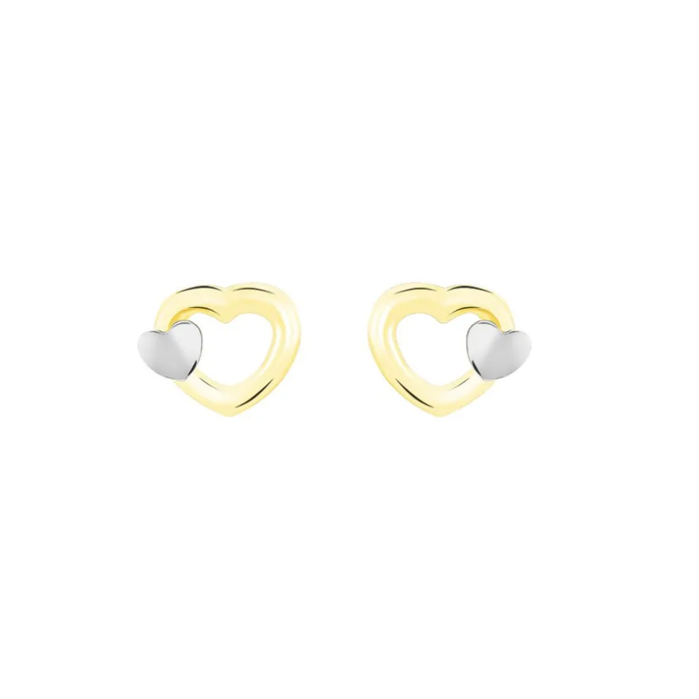 Boucles D'oreilles Puces Anne-maudae Double Coeurs Or Bicolore