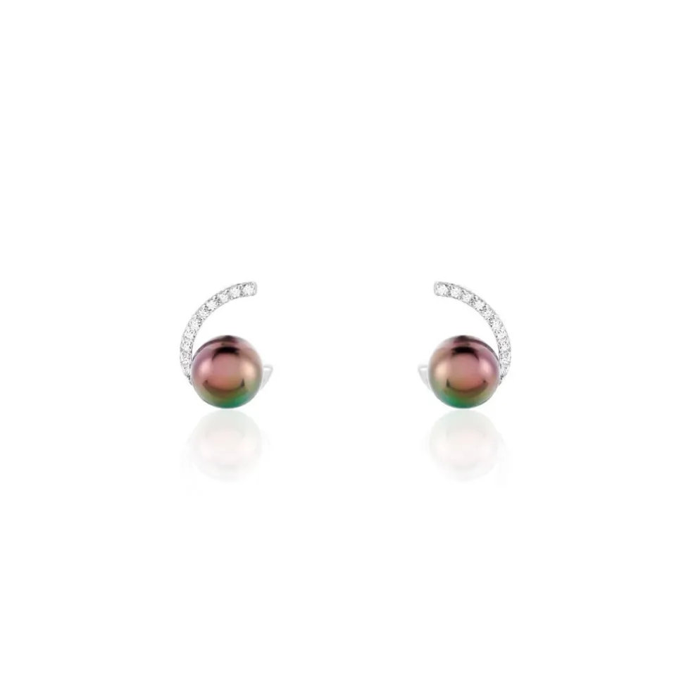 Boucles D'oreilles Puces Anais Or Blanc Perle De Culture Et Oxyde