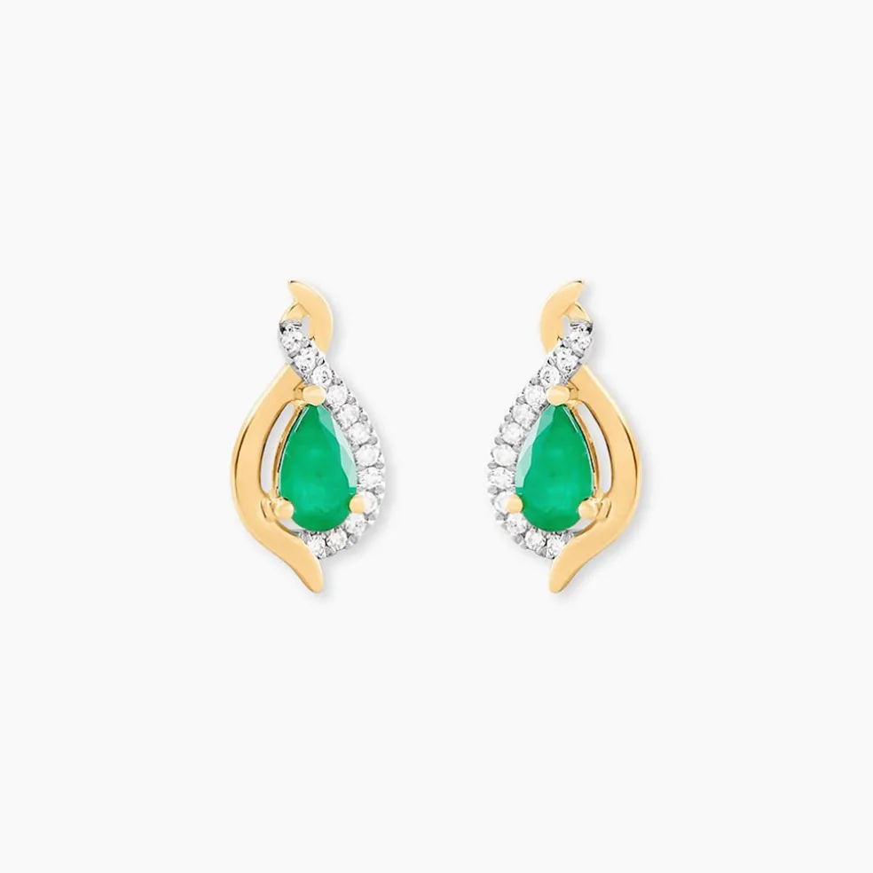 Boucles D'Oreilles Puces Angelika Or Jaune Emeraude Diamant