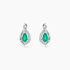 Boucles D'oreilles Puces Angelika Or Blanc Emeraude Et Diamant