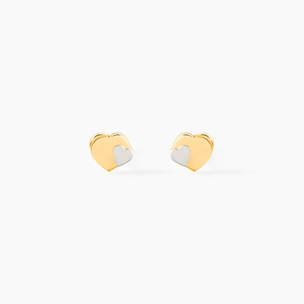 Boucles D'oreilles Puces Anne-maudae Double Coeurs Or Bicolore