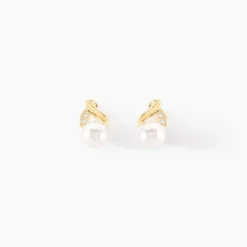 Boucles D'oreilles Puces Astragalus Or Jaune Perles De Culture