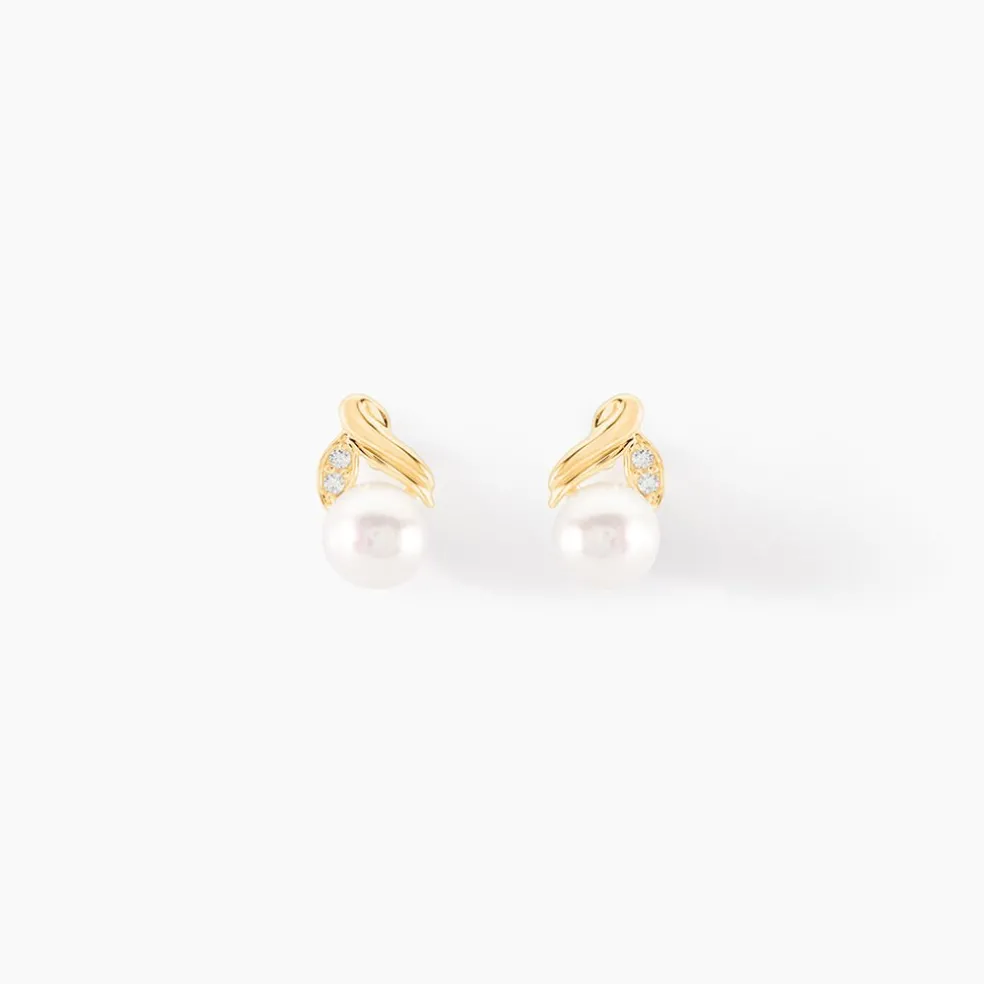 Boucles D'oreilles Puces Astragalus Or Jaune Perles De Culture