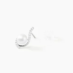 Boucles D'oreilles Puces Cassiopea Or Blanc Oxyde Et Perle De Culture