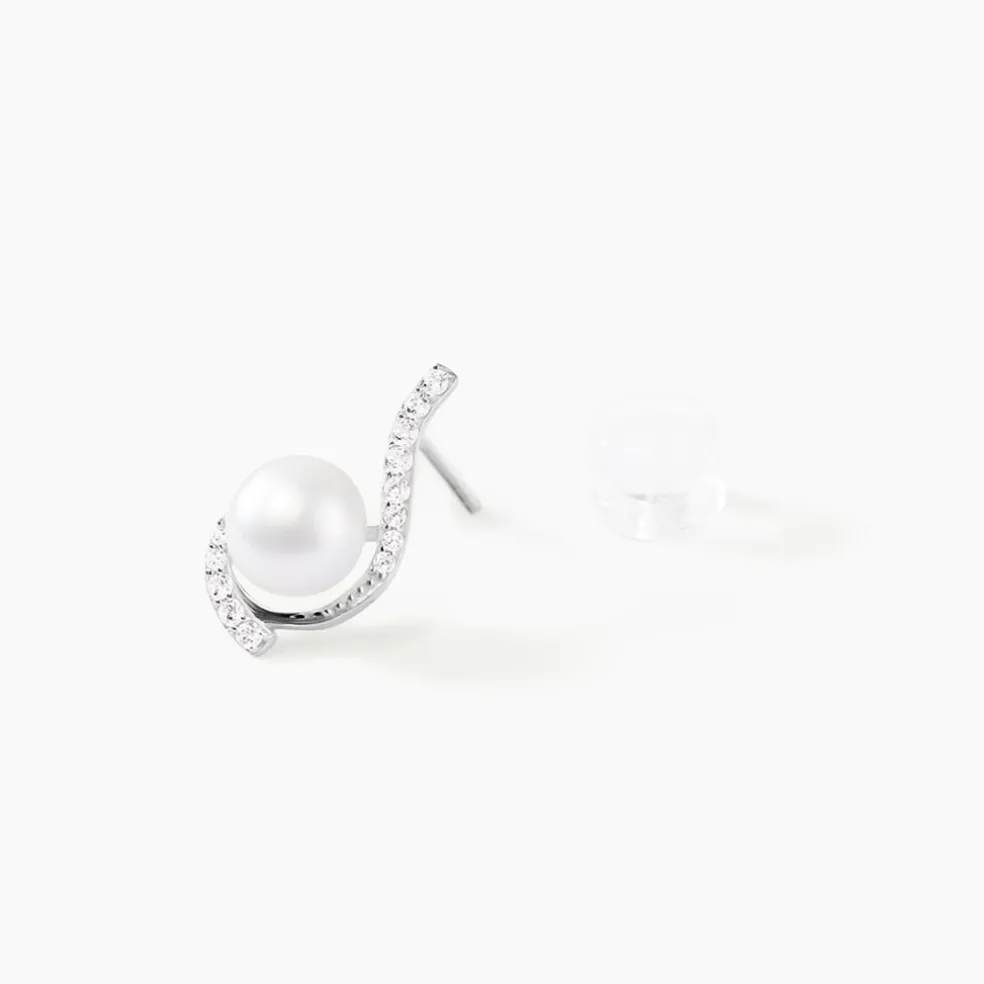 Boucles D'oreilles Puces Cassiopea Or Blanc Oxyde Et Perle De Culture