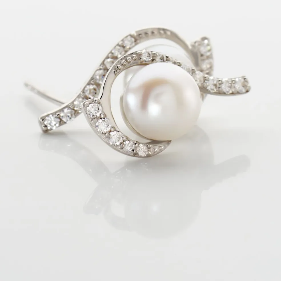 Boucles D'oreilles Puces Cassiopea Or Blanc Oxyde Et Perle De Culture