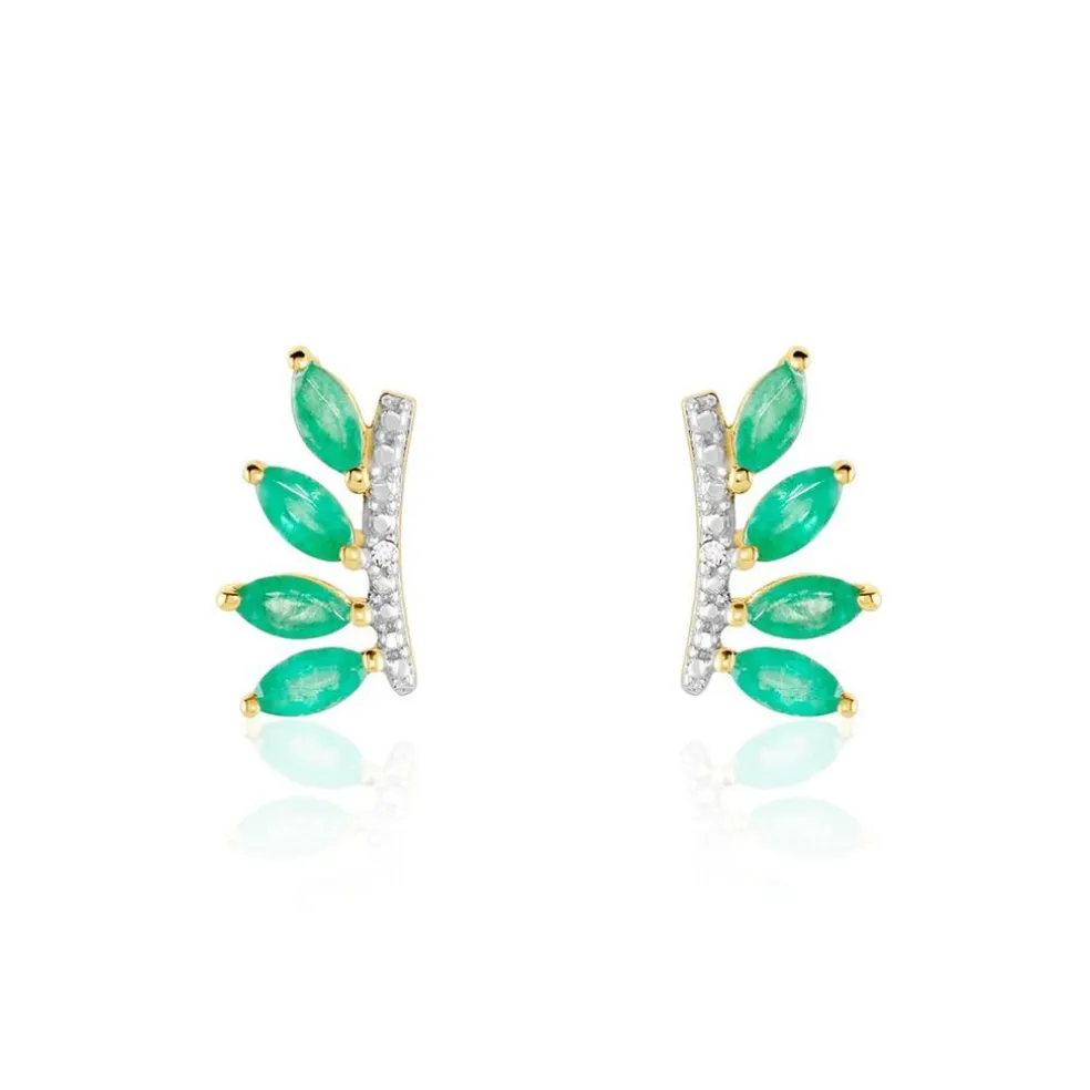 Boucles D'oreilles Puces Navette Or Jaune Emeraude Diamant