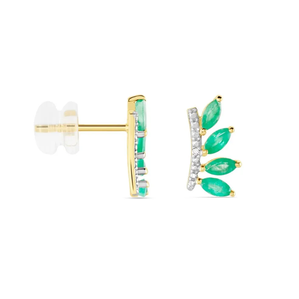Boucles D'oreilles Puces Navette Or Jaune Emeraude Diamant