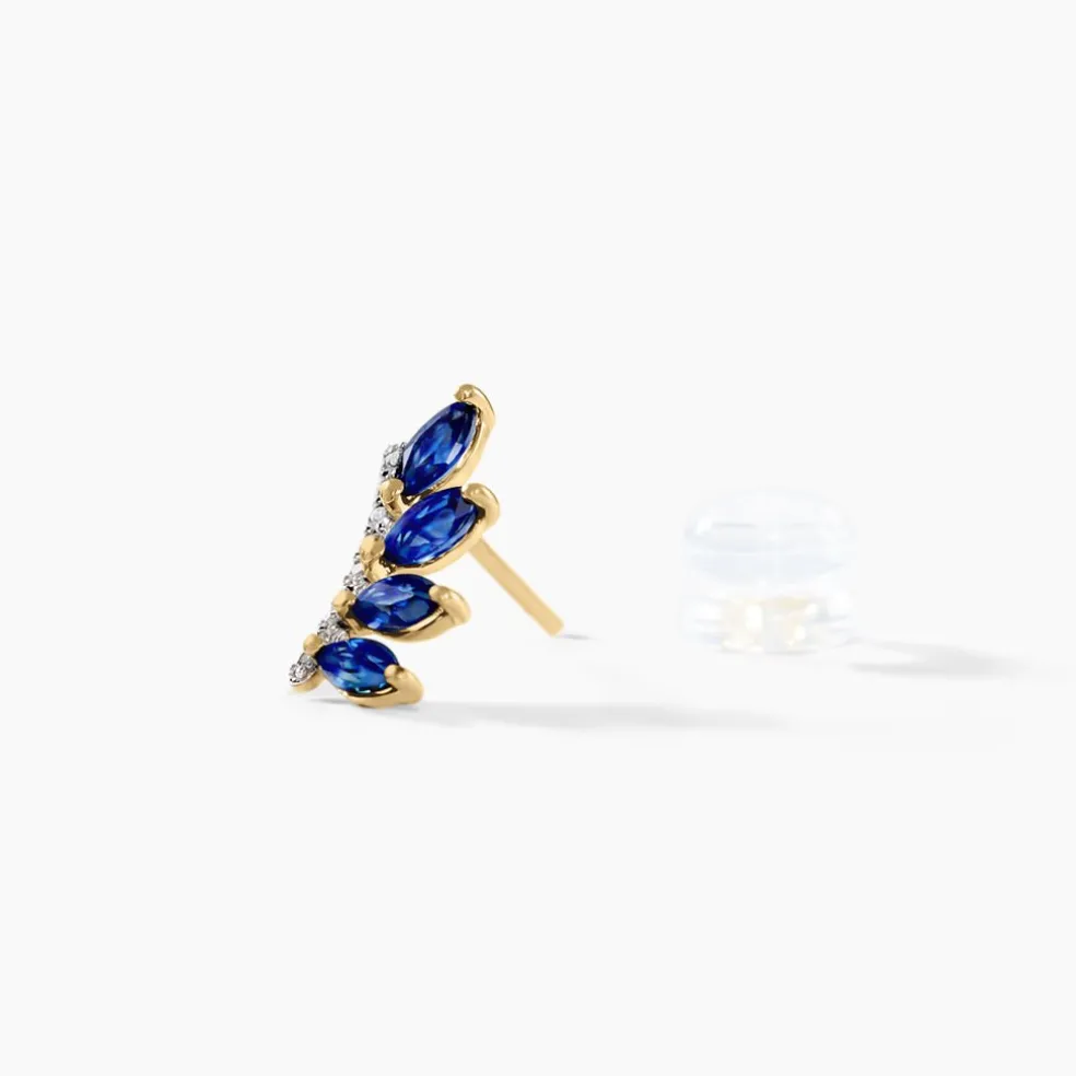 Boucles D'oreilles Puces Navette Or Jaune Saphir Diamant