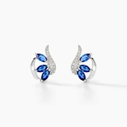 Boucles D'oreilles Puces Petale Or Blanc Saphir Et Diamant