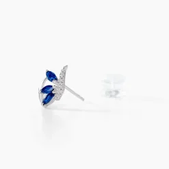 Boucles D'oreilles Puces Petale Or Blanc Saphir Et Diamant