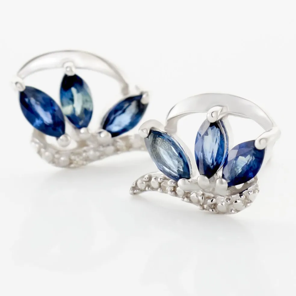 Boucles D'oreilles Puces Petale Or Blanc Saphir Et Diamant