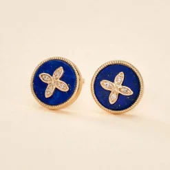 Boucles D'oreilles Puces Talisman Or Jaune Lapis Lazuli Diamant