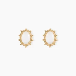 Boucles D'oreilles Puces Vintage Love Plaqué Or Jaune Pierre De Lune