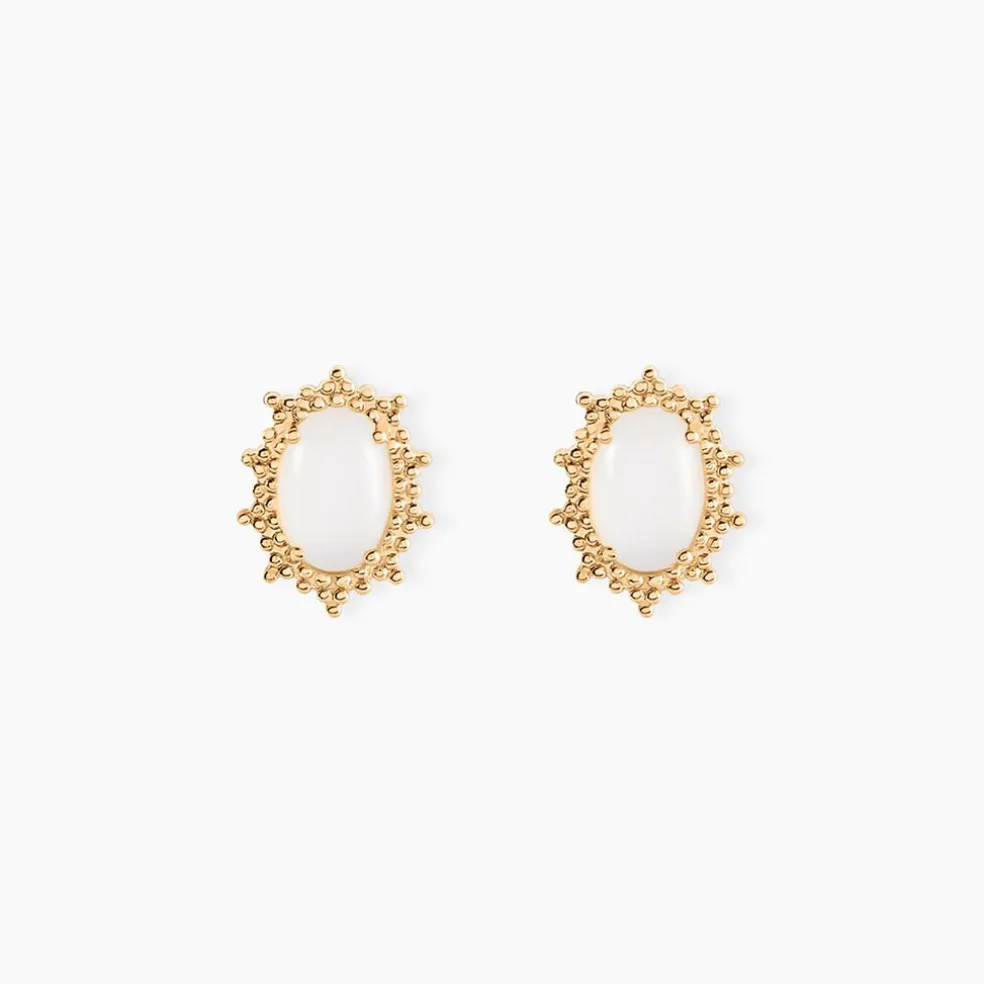 Boucles D'oreilles Puces Vintage Love Plaqué Or Jaune Pierre De Lune