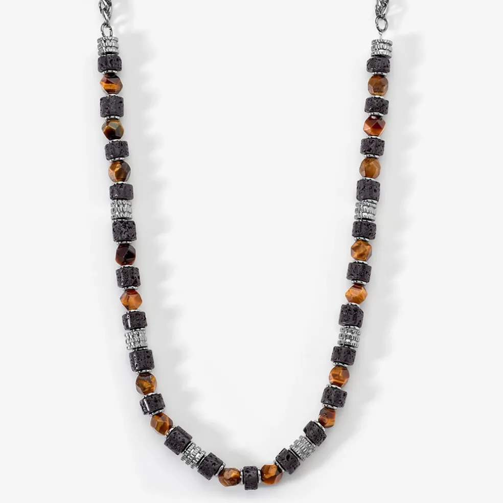 Collier Jourdan Bengale Acier Argenté Oeil De Tigre Pierre De Lave
