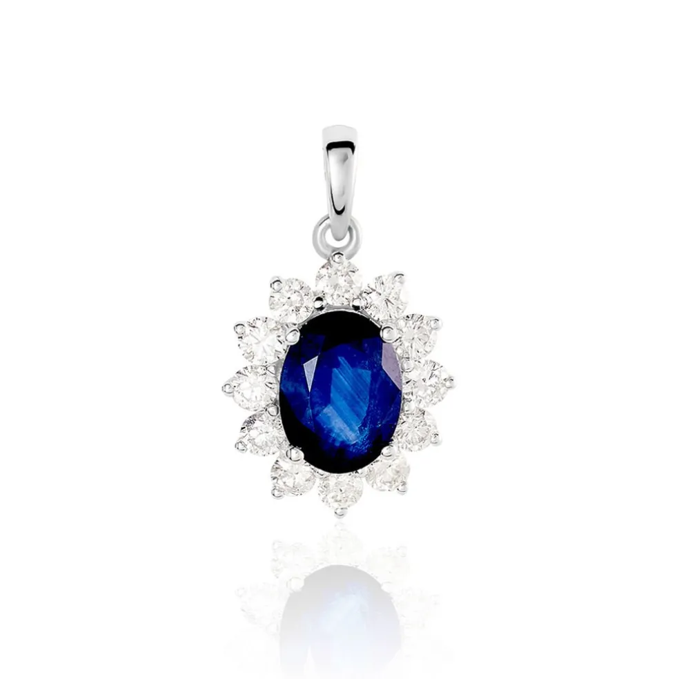 Pendentif Or Blanc Saphir Diamants
